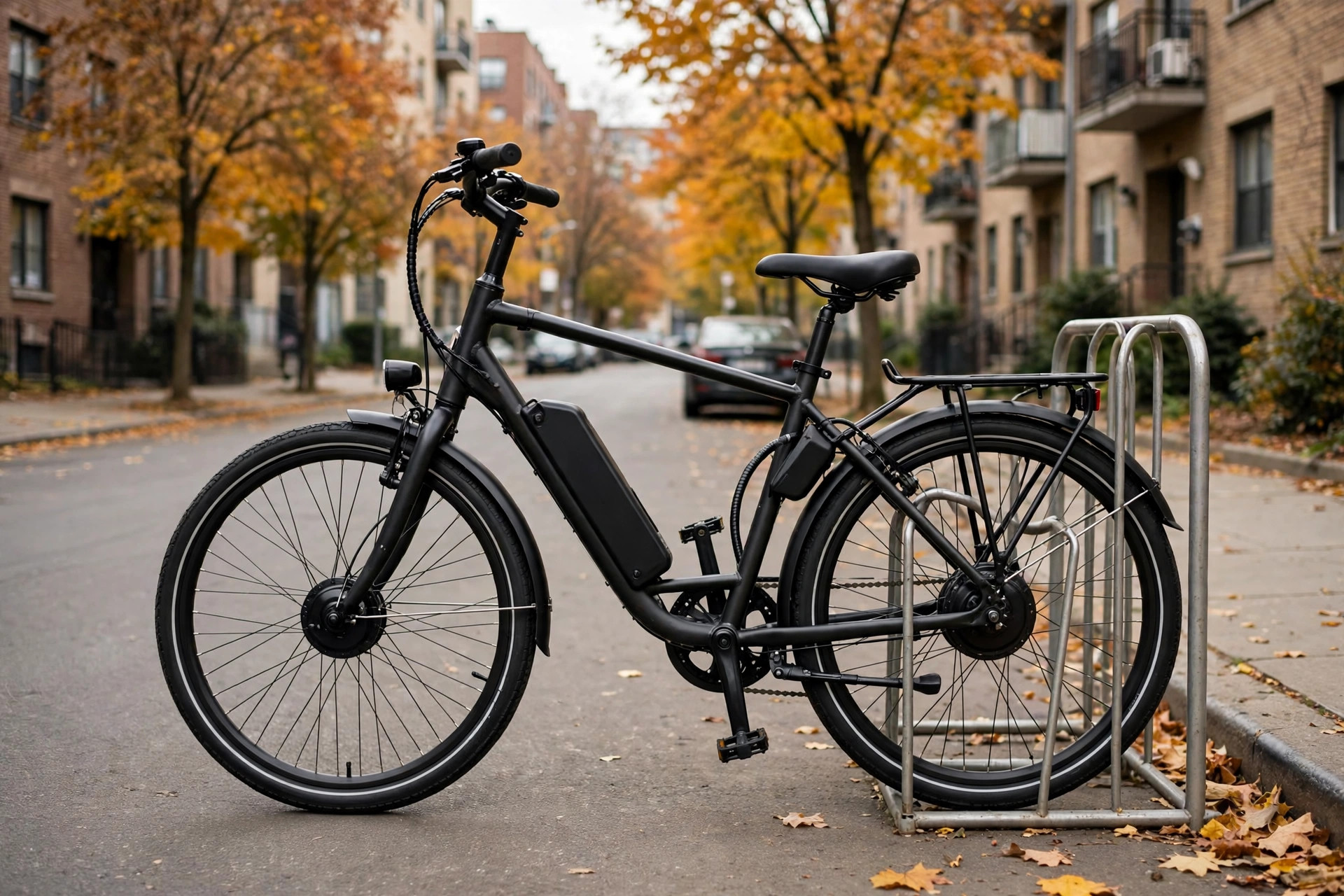 Affordable electric bike parked at a city bike rack
