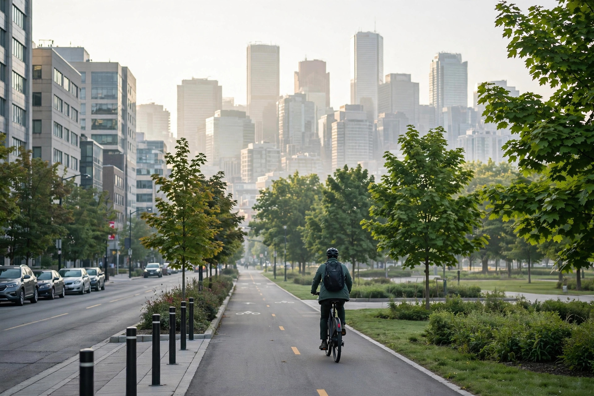 Commuter riding an electric bike through a Canadian city