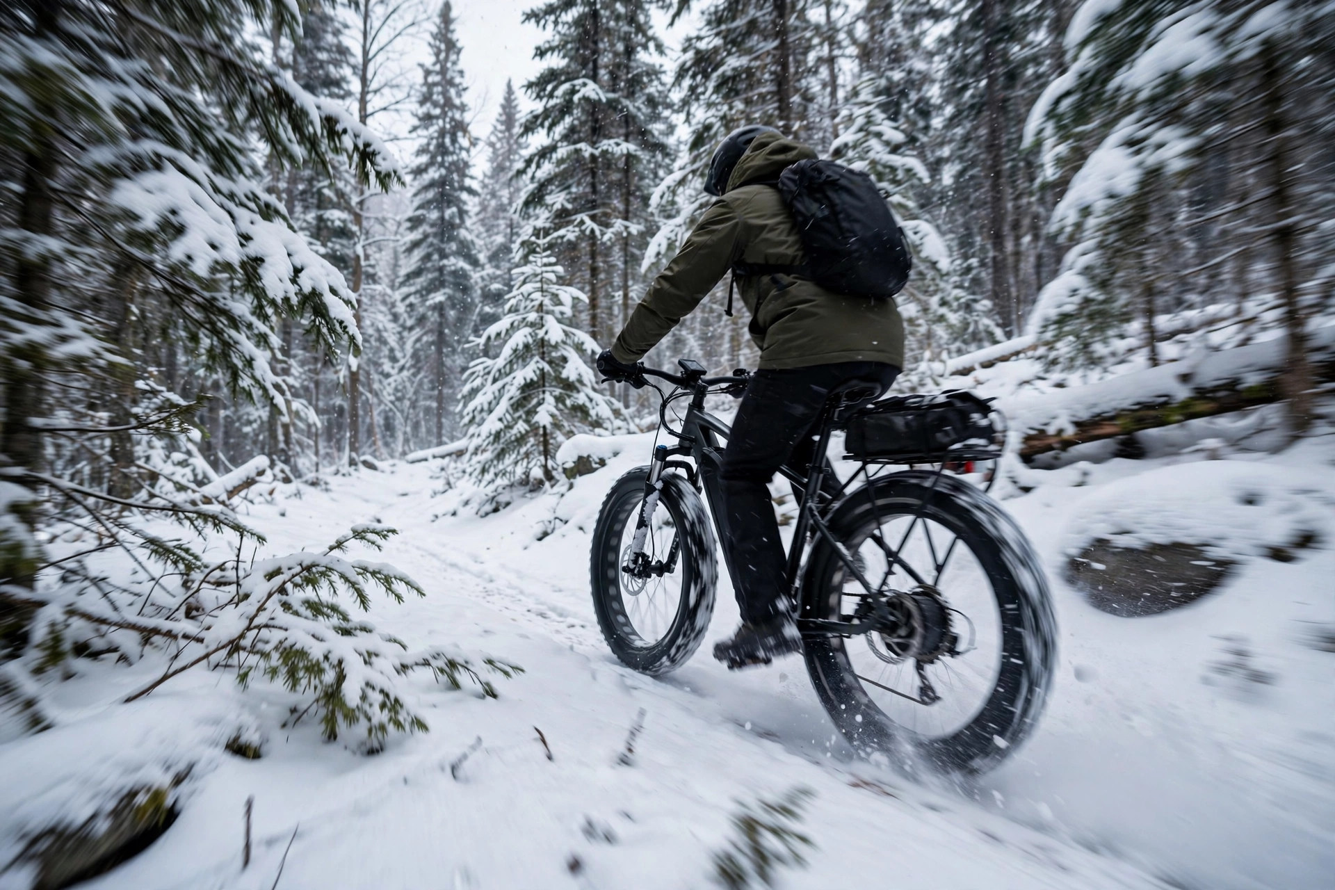 Fat-tire electric bike being ridden through snow in a Canadian winter forest